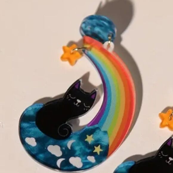 14k BLACK CAT RAINBOW MOON Cute fun whimsical kawaii novelty earrings - Picture 3 of 6